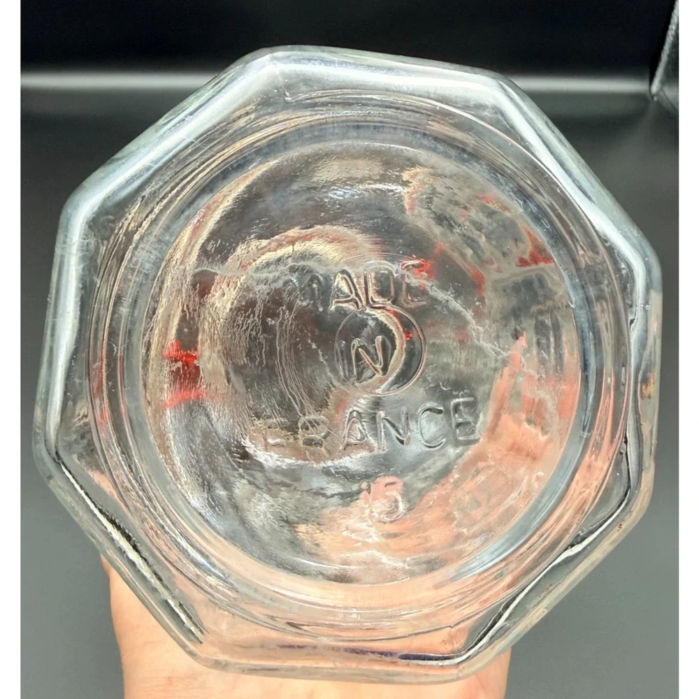 Vintage Glass Storage Jar Octagon Embossed Fruits Vegetable France Red Wire Bale